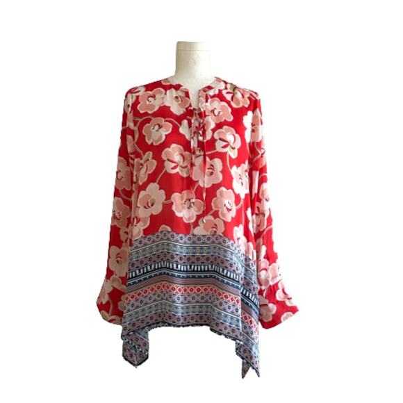 Rafaella Blouse Red Floral Tie Front Rolled Tab Sleeve Blouse Top Medium NEW - Picture 15 of 15